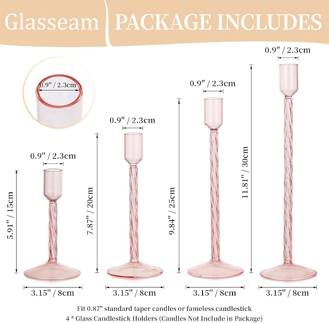 Glasseam Glass Candlestick Holders Pink: Set of 4 Tall Taper Candle Holders for Candlesticks Decorative Tapered Candles for Table Centerpiece Wedding Christmas Home Decor
