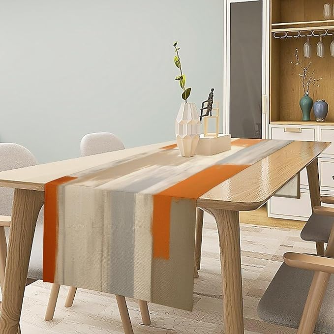 Orange Grey Table Runner Modern Abstract Art Vintage Brown Beige Burlap Table Dinner Runner for Farmhouse Cabin Coffee Kitchen Dining Holiday Party Home Decoration 13x90in