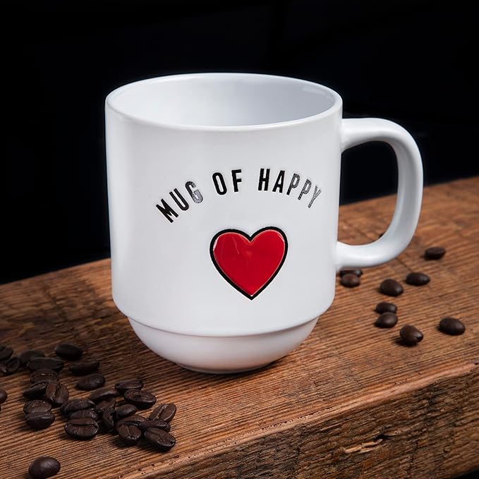 Sheffield Home Set of 4 Stackable Stoneware Mugs with a Metal Rack for Storage, Large Cups for Tea, Mugs for Latte, and Hot Chocolate (Heart Sentiments)