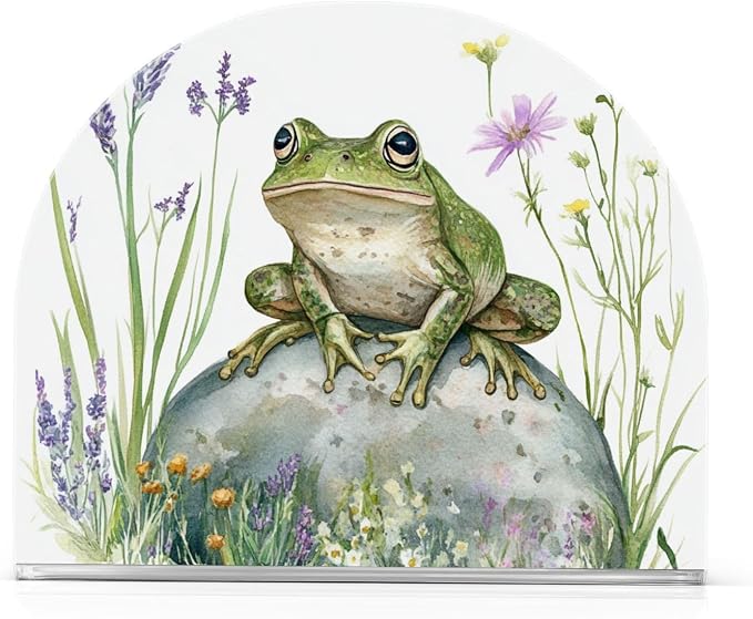 Fustylead Rustic Frog with Lavender and Pink Floral Napkin Holder for Table Acrylic Cocktail Napkin Holders Small Decorative Napkin Dispenser for Home Party Holiday Dining Kitchen Accessories, 2 PC