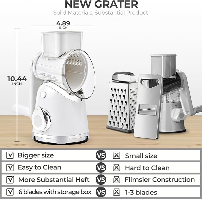 SUSTEAS Rotary Cheese Grater with Handle,Vegetable Slicer with 6 Interchangeable Blades, Reinforced Suction,Easy to Clean,Kitchen Shredder for Crushed Ice,Fruits and Nuts with Blade Storage Case,White