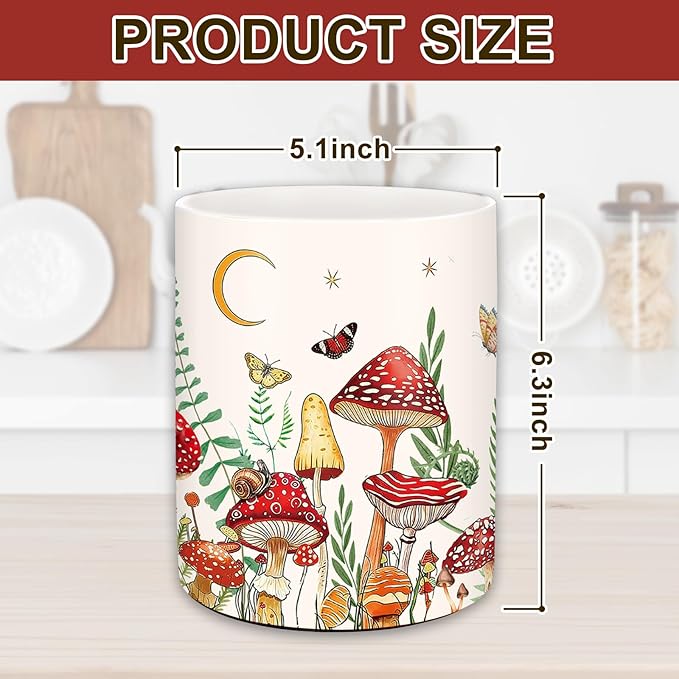 JarThenaAMCS Vintage Mushroom Ceramic Utensil Holder Watercolor Mushroom Moon Utensil Crock for Home Kitchen Countertop Storage Organizer Container
