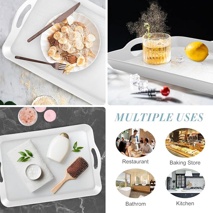 2PC White Serving Trays with Handles, 16 x 11.2 inch Rectangular Non Skid Multi-Purpose Plastic OttomanTray for Restaurant, Parties, Coffee Table, Kitchen
