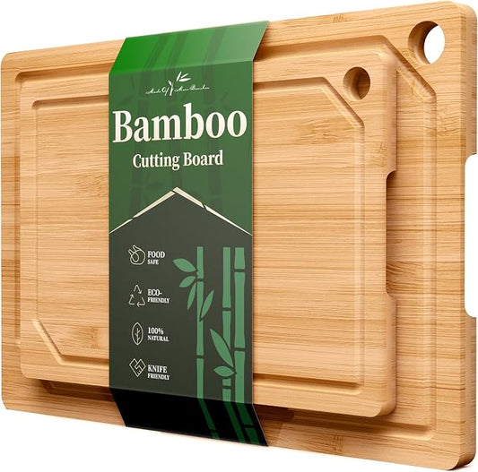 Kitsure Bamboo Cutting Board Set - Multi-Sizes Wooden Cutting Boards for Kitchen, Convenient Kitchen Essentials with Deep Juice Grooves, Cutting Board for Chopping & Serving, 2 Pack, Natural