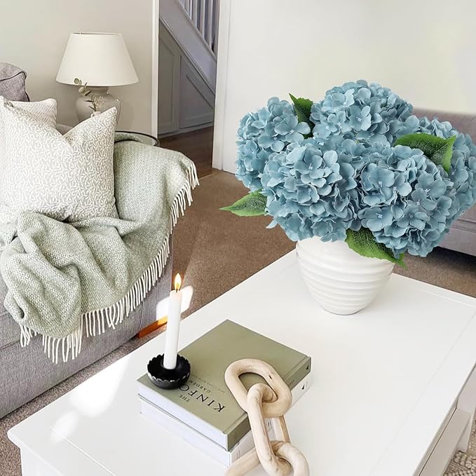 JINWOE Grey Blue Large Lifelike Silk Artificial Hydrangeas, 5Pcs 20Inch Full Fake Flowers for Bouquet Table Centerpieces Wedding Indoor Home Outdoor Baby Showers Decoration