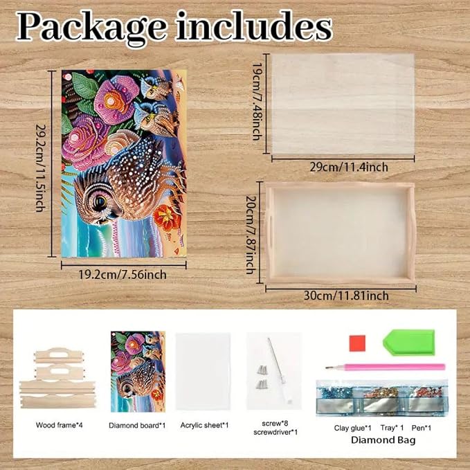 DIY Diamond Serving Tray Rectangular Breakfast Tray with Handle Handmade Diamond Art Painting Wooden Tray for Dinner Plate Coffee Room Living Home Organizer-Owl03