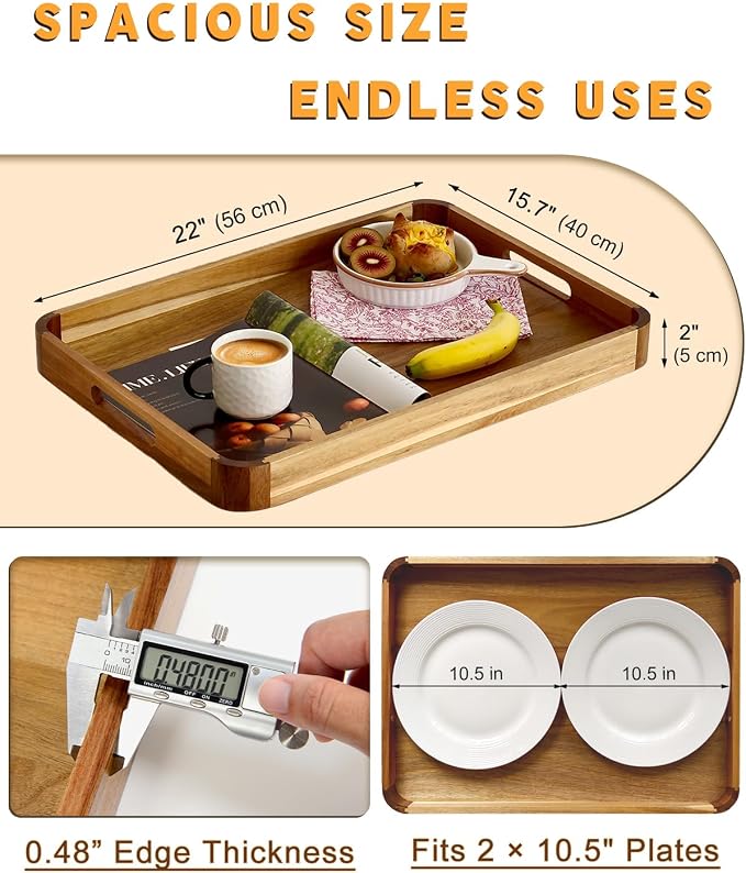 22" x 15.75" Acacia Wood Serving Tray with Handles & Rounded Corners | Large Rectangular Wooden Ottoman Tray for Living Room, Kitchen, Coffee Table, Food Serving