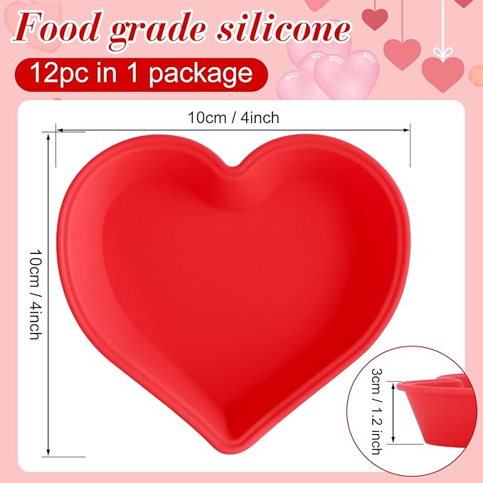 12 Pcs Heart Cake Pan Silicone Heart Cake Molds Baking Pan Nonstick Molds for Anniversary Birthday Snack Cupcake Baking (4 Inch)