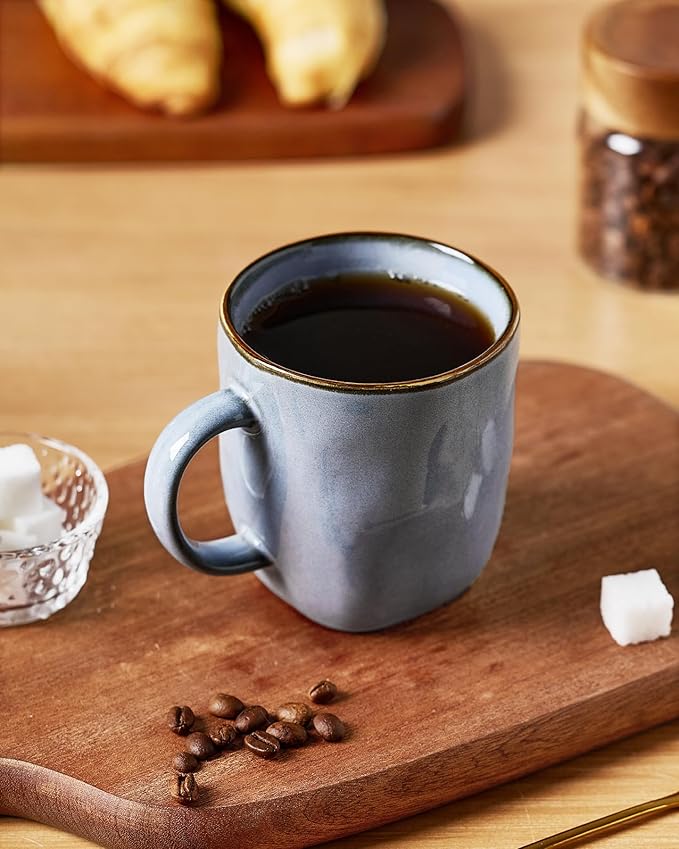 famiware Coffee Mugs Set of 4, Ocean Square 13oz Coffee Cup Set with Handle for Cocoa, Milk, Hot Chocolate, Tea, Water, Stoneware Cups for Kitchen, Microwave and Dishwasher Safe, Blue