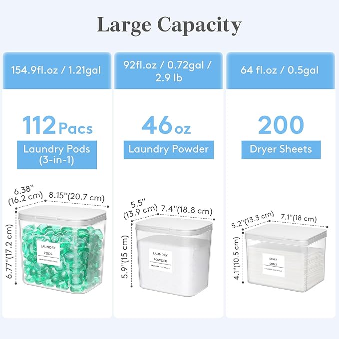 Lifewit Laundry Pods Container with Pop-up Lid, Laundry Room Organization, Dryer Sheet Holder for Washing Powder Scent Booster Beads, 2700 +4500+1800ml/0.5+0.72+1.2gal,3 Pcs