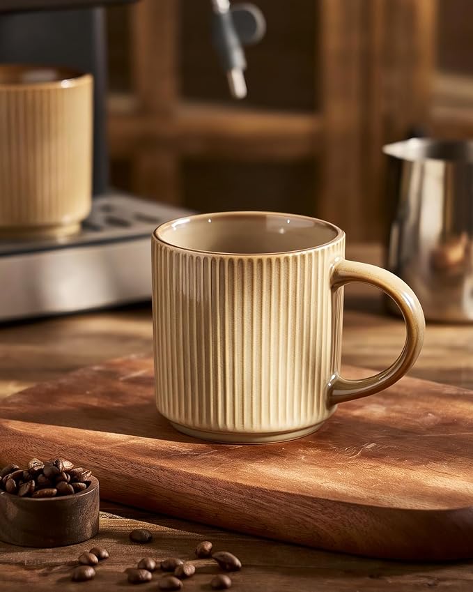 famiware Coffee Mug Set for 6, Star 12 oz Catering Mugs Cup Set with Handle for Coffee, Tea, Cocoa, Milk - Ceramic Stoneware Drinkware Set, Cream