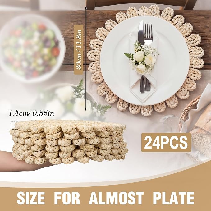Set of 24 Ruffled Woven Corn Husk Placemats 11.8'' Boho Farmhouse Placemats for Tabletop Decor Elegant Dining Wedding Christmas Thanksgiving Day Holiday Dinner Party Housewarming Gifts Daily