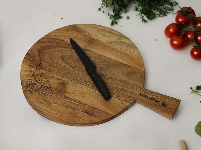 Vesta Homes Wooden Round Cutting Board | 17.5 * 13 Inches | Chopping Board/Serving Board, Platter for Pizza, Vegetables, Fruits and Cheese | Natural Acacia Wood | Handcrafted in India