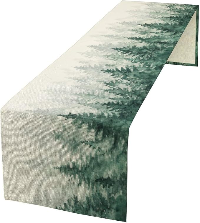 Forest Table Runner, Vintage Rustic Natural Green Watercolour Misty Pine Tree Grove Table Decor Table Top Dining Kitchen Wedding Party 13x70 in