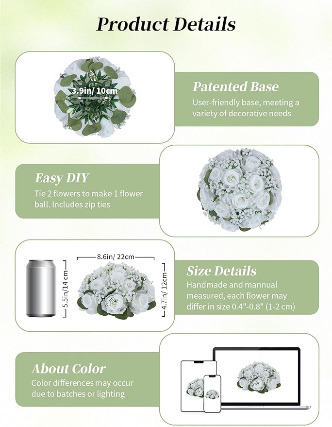 BLOSMON White Flower Balls for Centerpieces: 2 Pcs Rose Babys Breath Artificial Flowers Centerpiece for Home Table Decor - Faux Silk Kissing Floral Arrangements for Wedding Party Event Decoration