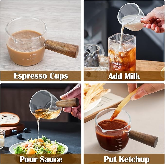 2 PCS Espresso Shot Glass with 2PCS Coffee Measuring Spoons, Single Spout Glass Measuring Cup with Wood Handle, Espresso Shot Cups with Dual Scale, Espresso Accessories for Coffee Milk (6.0oz, 2.5oz)