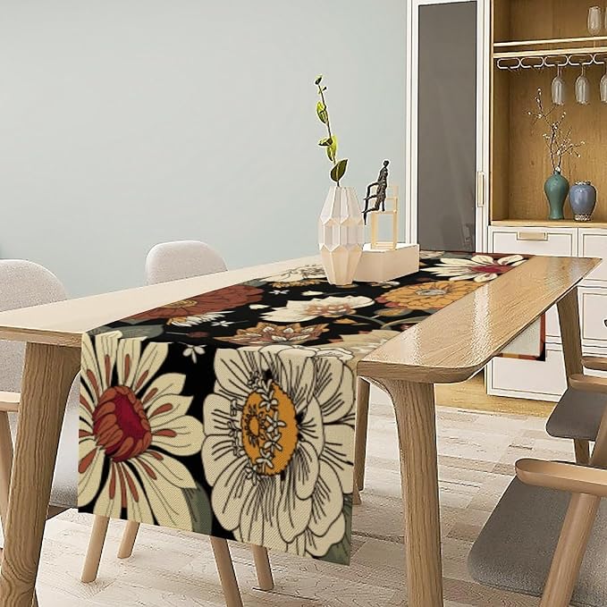 Boho Mandala Flower Table Runner, Vintage Rustic Hippy 70s Old Indian Botanicals Floral Leaves Table Decor Table Top Dining Kitchen Wedding Party 13x90 in