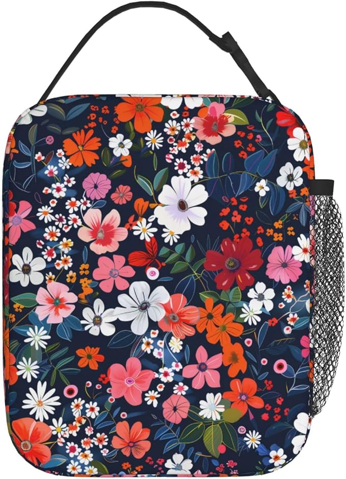 Reusable Floral Lunch Box for Kids Girls Boys Women Adult, Insulated Cute Flower Lunch Bag,Polyester Cooler Handbags Case for School Picnic Work Travel Beach or Hiking (Navy Blue)