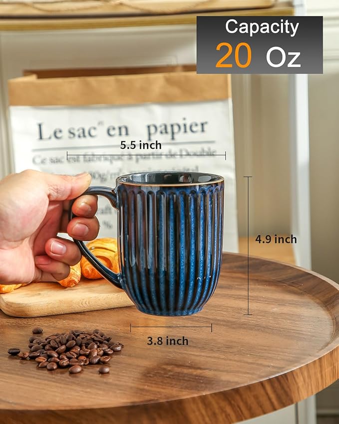 HASENSE 20 Oz Ceramic Coffee Mug with Handle, Large Black & Navy Blue Porcelain Latte Cup for Coffee, Tea, Hot Cocoa, Ribbed Tea Mug Set of 2, Microwave & Dishwasher Safe, Birthday Gifts for Women