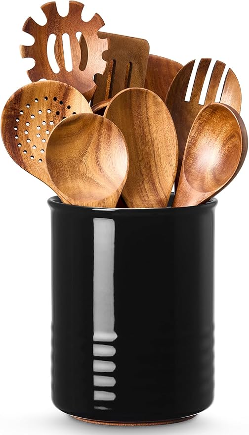 ABRUTY Utensil Holder, 6.7" Ceramic Kitchen Utensil Crock for Countertop Cooking, Modern Utensil Caddy Jar Organizer for Farmhouse Kitchen Counter Decor (Black)
