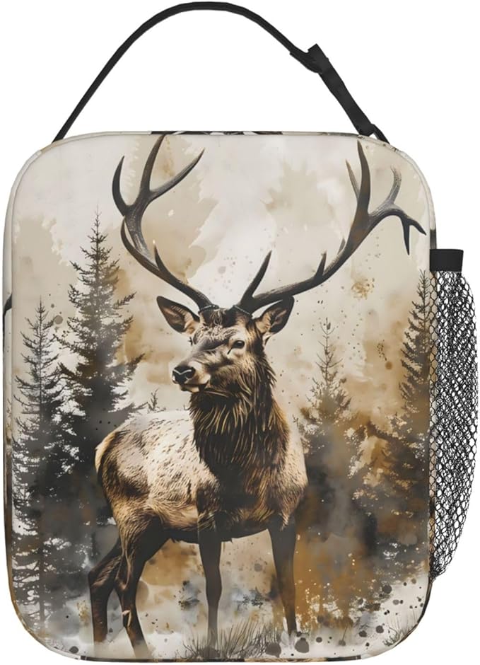 Reusable Deer Lunch Box for Kids Girls Boys Women Adult, Insulated Forest Woodland Rustic Watercolor Lunch Bag,Polyester Cooler Handbags Case for School Picnic Work Travel Beach or Hiking