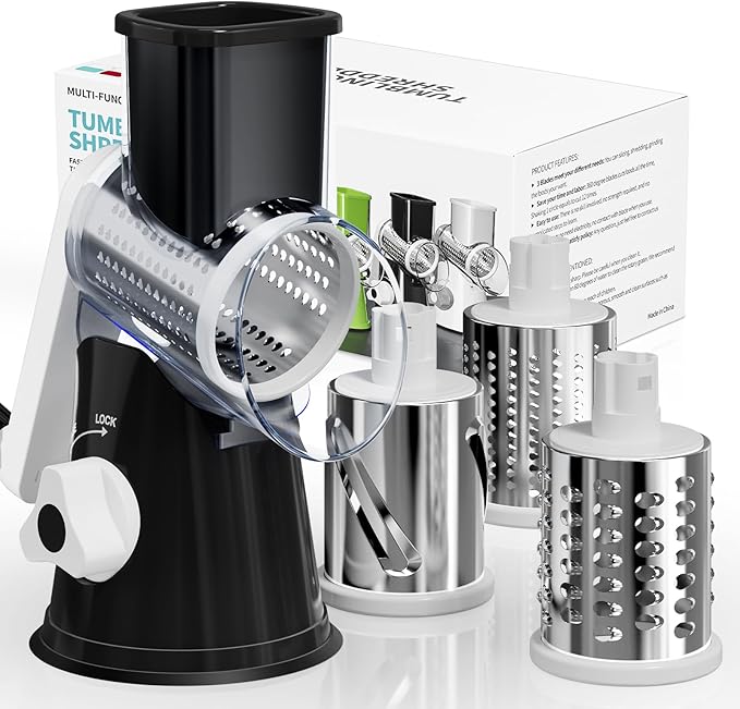 Cheese Grater Hand Crank, Rotary Cheese Shredder with 3 Interchangeable Blades for Coarse, Fine Shredding and Slicing, Strong Suction Base for Pizza, Pasta, Salad, Vegetables, Nuts, Chocolate