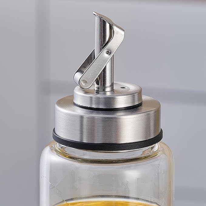 Verdental 10 oz Glass Olive Oil Dispenser Bottle for Kitchen Stainless Steel Cruet Pourer Spout for Oil Vinegar Coffee Syrup Soy Sauce Other Liquids with Non-slip Silicone Ring and Labels (300ml)