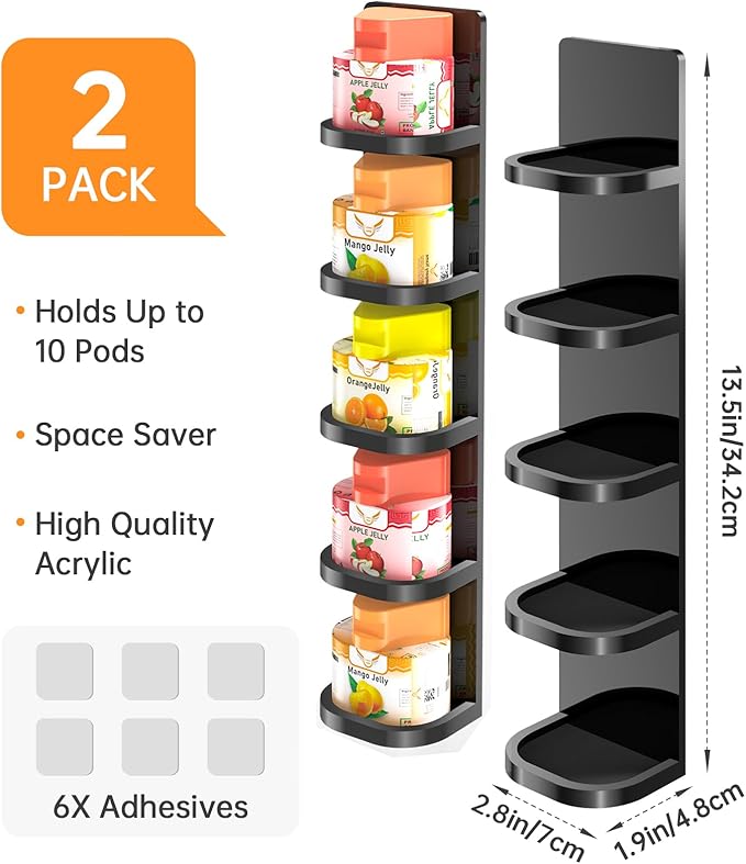 NiHome 2PCS Black Acrylic Pod Holders Compatible with Ninja Thirsti Drops, Durable Thick Acrylic Wall or Machine Mounted Storage Racks with Nano Adhesive, Space-Saving Design Easy Flavor Organization