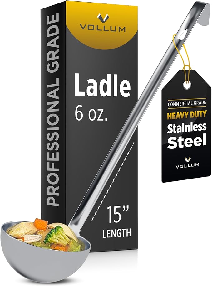 Vollum Metal Ladle Stainless Steel – Heavy Duty One-Piece Large Soup Ladle with Long Handle for Gravy, Stew, Sauce – Kitchen Utensils for Cooking - 6 Ounce (3.6" Bowl Diameter, 12.1" Handle Length)
