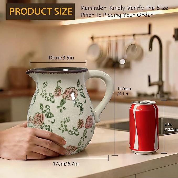 Ceramic Utensil Holder for Kitchen Counter, 6.1" Rustic Farmhouse Cooking Utensil Holder with Handle, Exquisite Chinoiserie Vintage Kitchen Utensil Organizer for Countertop Decor(Red flower)