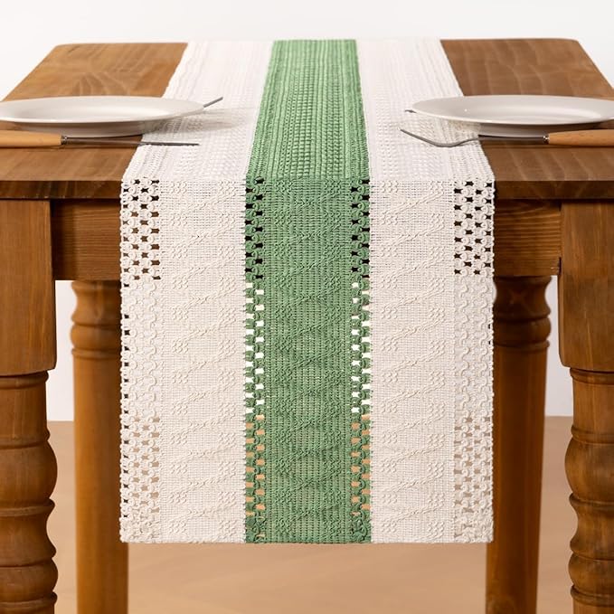 MLMC Sage Green Boho Table Runner Farmhouse Macrame Woven Table Runner 60 inch Long Rustic Cotton Linen Blend Table Decor for Dinning Kitchen Wedding Bridal Shower Eveyrday Use 12x60 Inch