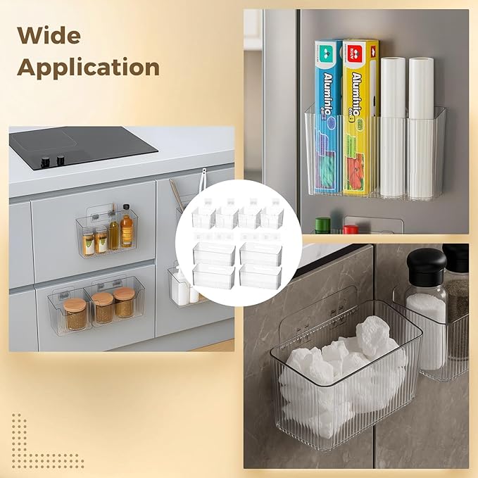 yeesport 8 PCS Cabinet Door Organizer Bins, Clear Plastic Wall Mount Hanging Storage Baskets with Adhesive Hooks, Bathroom Fridge Kitchen Pantry Under Sink Drawer Organizer with Drain Holes