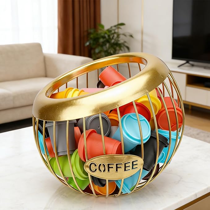 Large Capacity Metal Coffee Pod Holder - K Cups Organizer, Espresso Capsule Storage Basket for Counter & Bar Station Accessories (Golden)