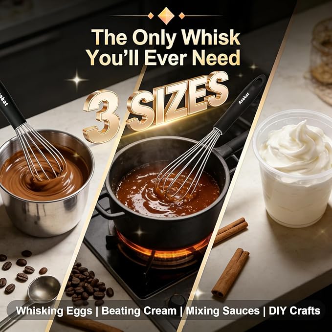 3 Packs Stainless Steel Whisk Set - Balloon Whisk, Anaeat Thick Stainless Steel Wire ＆ Strong Handles, Egg Beater for Cooking, Blending, Whisking, Beating and Stirring (9"+11"+12")