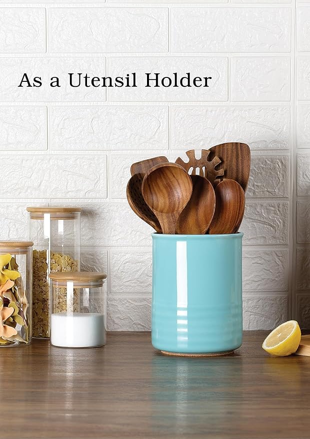 ABRUTY Utensil Holder, 6.7" Ceramic Kitchen Utensil Crock for Countertop Cooking, Modern Utensil Caddy Jar Organizer for Farmhouse Kitchen Counter Décor, Turquoise