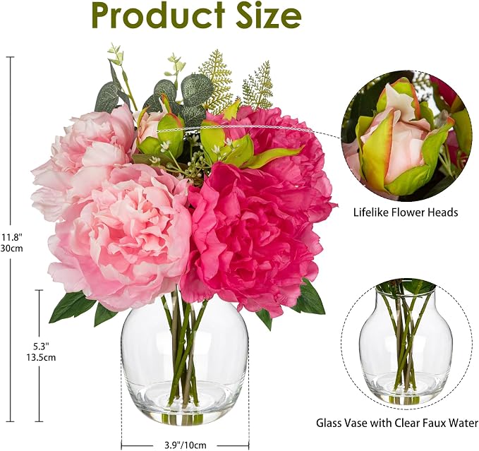 Hollyone Fake Flower Arrangements in Vase Pink Peonies Artificial Flowers Peony Bouquet Silk Floral Flower with Glass Vase with Faux Water for Home Decor Bathroom Coffee Table Centerpiece Decorations