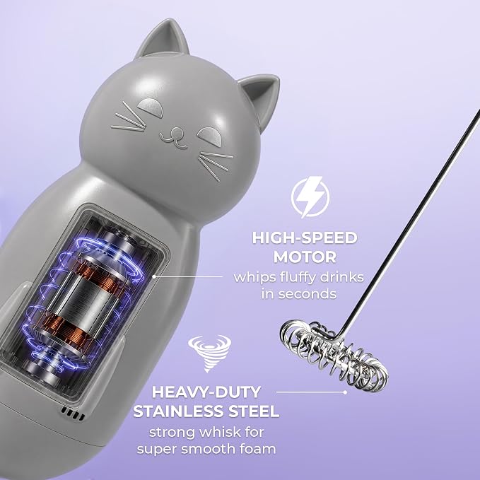 Zulay Kitchen Cat Milk Frother Wand – Cutesy Frother, Meet Your New Frothing Buddy Storm The Cat, Adoption Papers and Stickers Included, Purrr-fect for Lattes, Cappuccino & Matcha – Gray