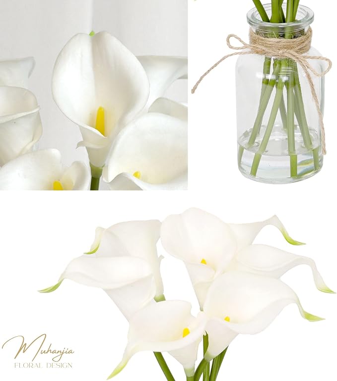 Muhanjia Artificial Flowers Calla Lily in Glass Vase with Faux Water,7Pcs Artificial Flower Real Touch Latex Flowers for Centerpiece Table Decorations Counter Decor(White Calla Lily)