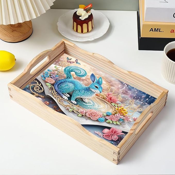 DIY Diamond Serving Tray Diamond Art Painting Creative Design Handmade Wooden Tray Dinner Plate for Coffee Breakfast Home Organizer-Blue Rabbit
