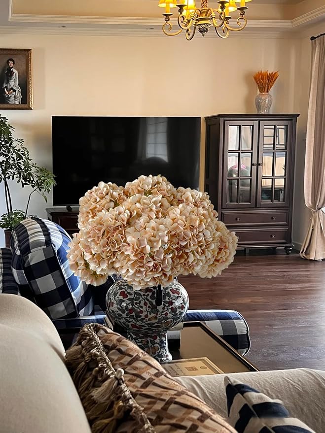 ZYTUYO 5 Pcs Light Coffee Silk Hydrangeas Artificial Flower Boho 20'' Faux Hydrangeas for Fall Indoor Home Decor Spring Kitchen Living Room Outdoor Porch Wedding Flower Arrangement