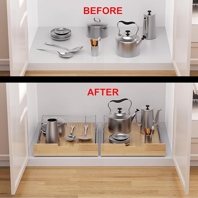 Sikarou Pull Out Cabinet Organizer,Heavy-Duty Slide Out Shelf, Wood And Wire Basket, Pull Out Drawer for for Kitchen Under Sink Space, Pantry, Bathroom (23 * 21 WM)