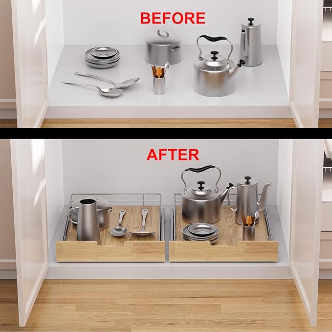 Sikarou Pull Out Cabinet Organizer,Heavy-Duty Slide Out Shelf, Wood And Wire Basket, Pull Out Drawer for for Kitchen Under Sink Space, Pantry, Bathroom (14 * 21 WM)