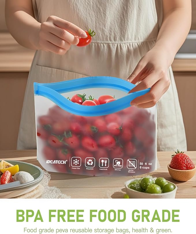 IDEATECH 10Pack Reusable Quart Freezer Bags, Food Storage Bags Stand Up | Dishwasher Safe, Leakproof, BPA-Free Food Grade, Freezer Safe, Quart Size for Meat, Marinades, Salads, Snacks, Lunch, Travel