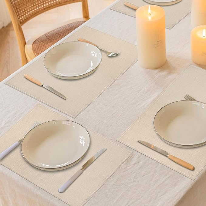 Niviy Beige White Placemats Set of 4, 12x18 Inch Washable Easy to Clean Heat-Resistant Anti-Skid Beige Placemats for Holiday Party Kitchen Dining Room Decoration