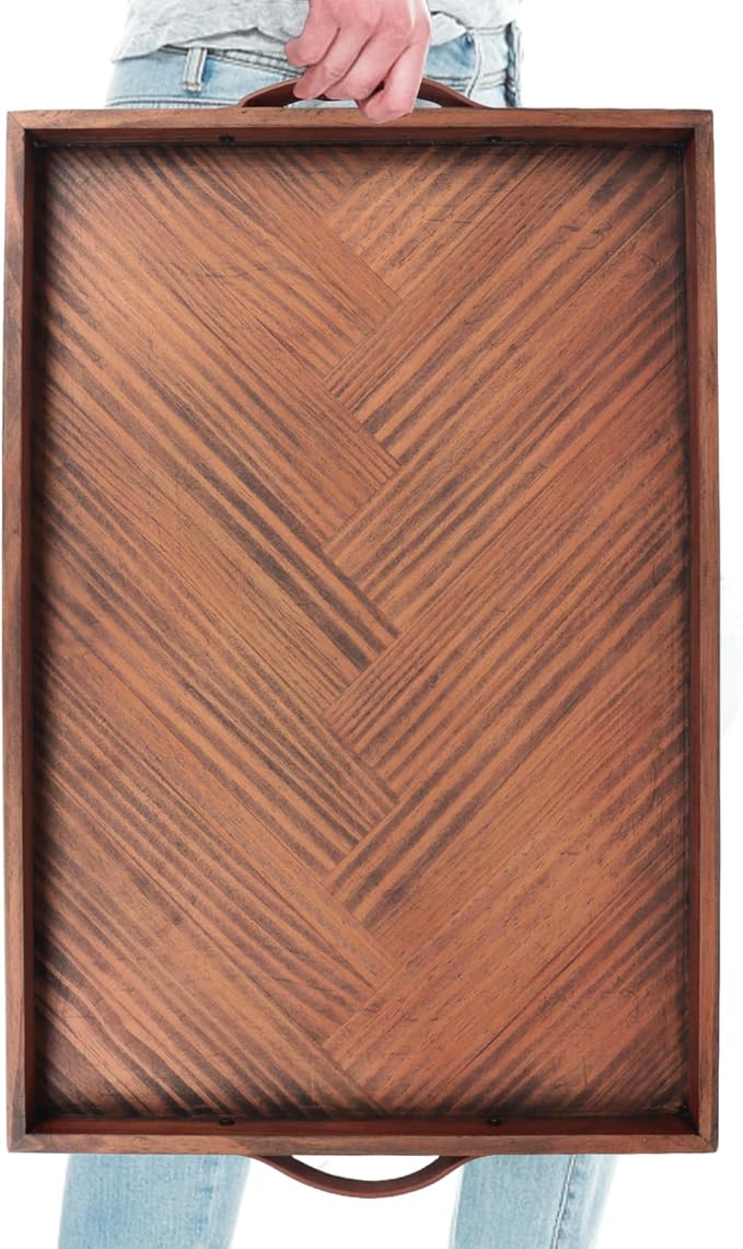 SXNOWS Large Ottoman Wooden Trays, Wood Serving Tray with Handles, Large Ottoman Tray, Wooden Serving Trays for Coffee Tables, Living Rooms and Kitchens, 24 x 16 inch