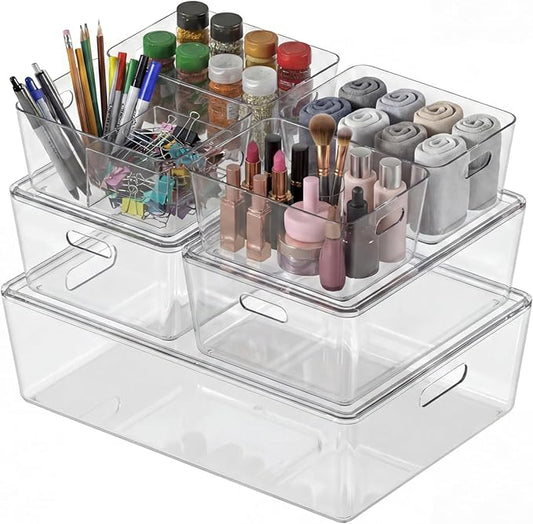 7 Pack White Storage Bins, Storage Bins with Lids, PET Plastic Pantry Organizers and Storage, Stackable Storage Bins for Kitchen, Bathroom, Closet, Office (Clear)