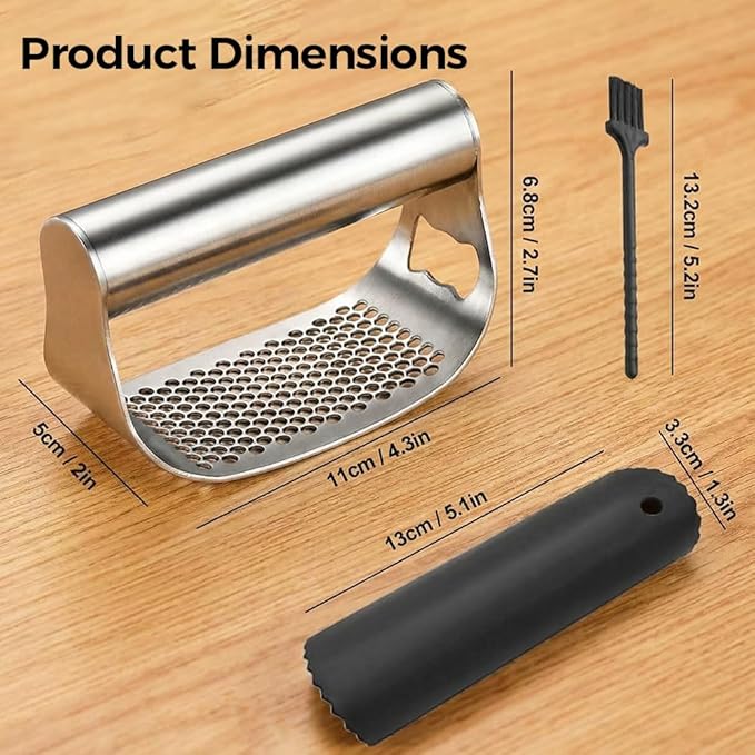 Kruggo Garlic Press Rocker, Stainless Steel Garlic Crusher, Mincer and Chopper with Peeler and Cleaning Brush, Comfortable Grip & Effortless Smashing, Essential Kitchen Tools (Crusher+Peeler- 2PCS)