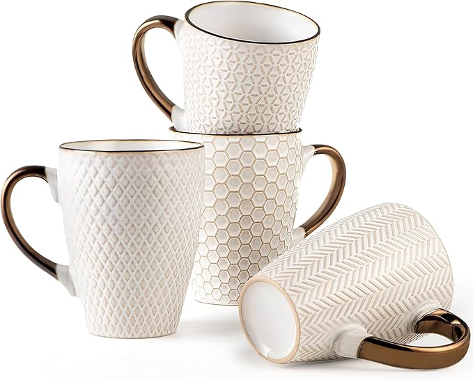 Ceramic Coffee Mug Set - 16 Oz Large Coffee Mugs - Embossed Stoneware Cups with Handle for Latte Tea Cappuccino Cocoa - Microwave Dishwasher Safe - Set of 4 - White