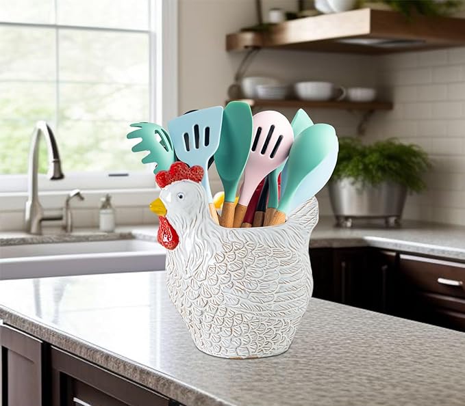 Hen Kitchen Utensil Holder For Countertop Ceramic Utensil Crock For Kitchen Counter Chicken Decorative Farmhouse Organizer Crock For Forks Spoons Cooking Utensils Countertop Storage Container
