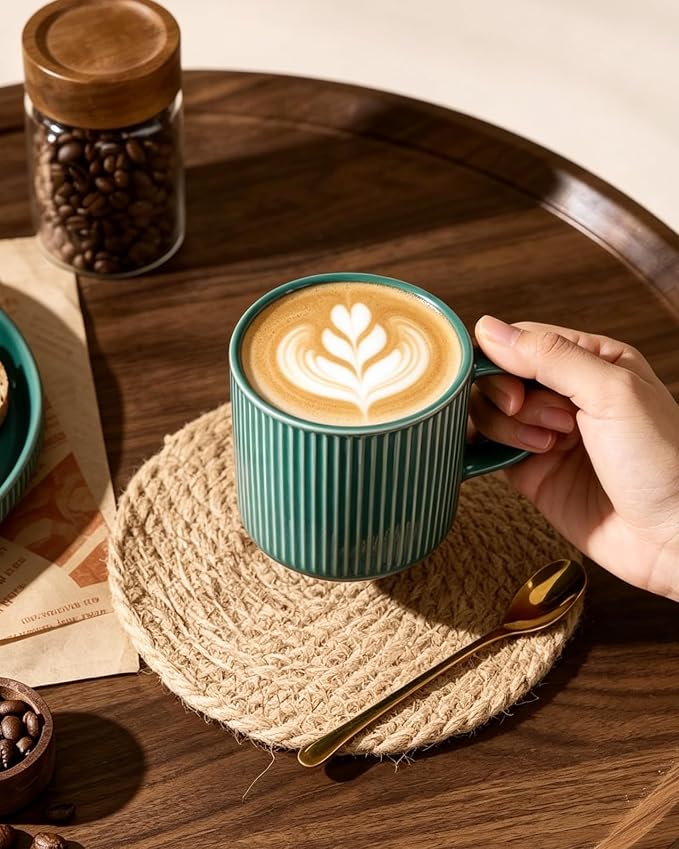 famiware Coffee Mug Set for 6, Star 12 oz Catering Mugs Cup Set with Handle for Coffee, Tea, Cocoa, Milk- Ceramic Stoneware Drinkware Set, Sage Green